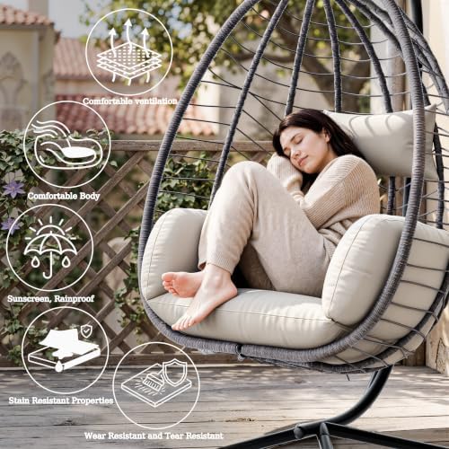 ALAULM Foldable Egg Chair with Stand, 485LBS Capacity Wicker Rattan Hammock S...
