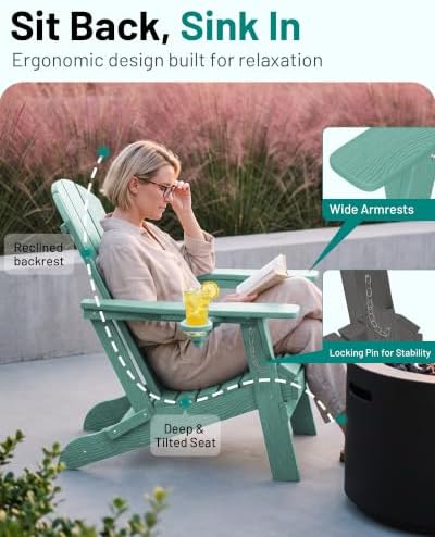 PLUUV Folding Adirondack Fire Pit Chairs Set of 2 with Cup Holder, Aruba