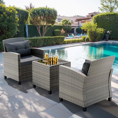 JAMFLY 3 Piece Wicker Patio Furniture Set - Outdoor Rattan Conversation Set w...