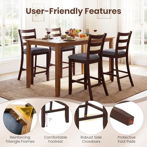 COSTWAY Set of 2 Counter Height Bar Stools with Solid Rubber Wood Frame