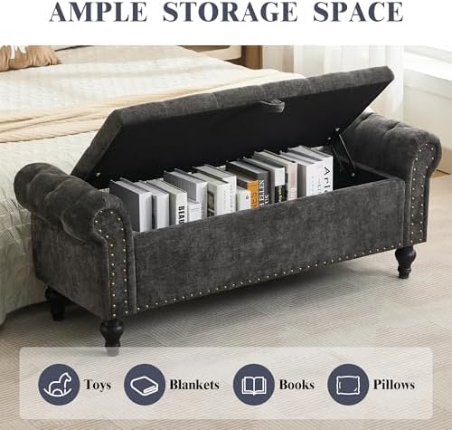 51" Storage Bench for Bedroom, Upholstered Ottoman Bench, Chenille DarkGray