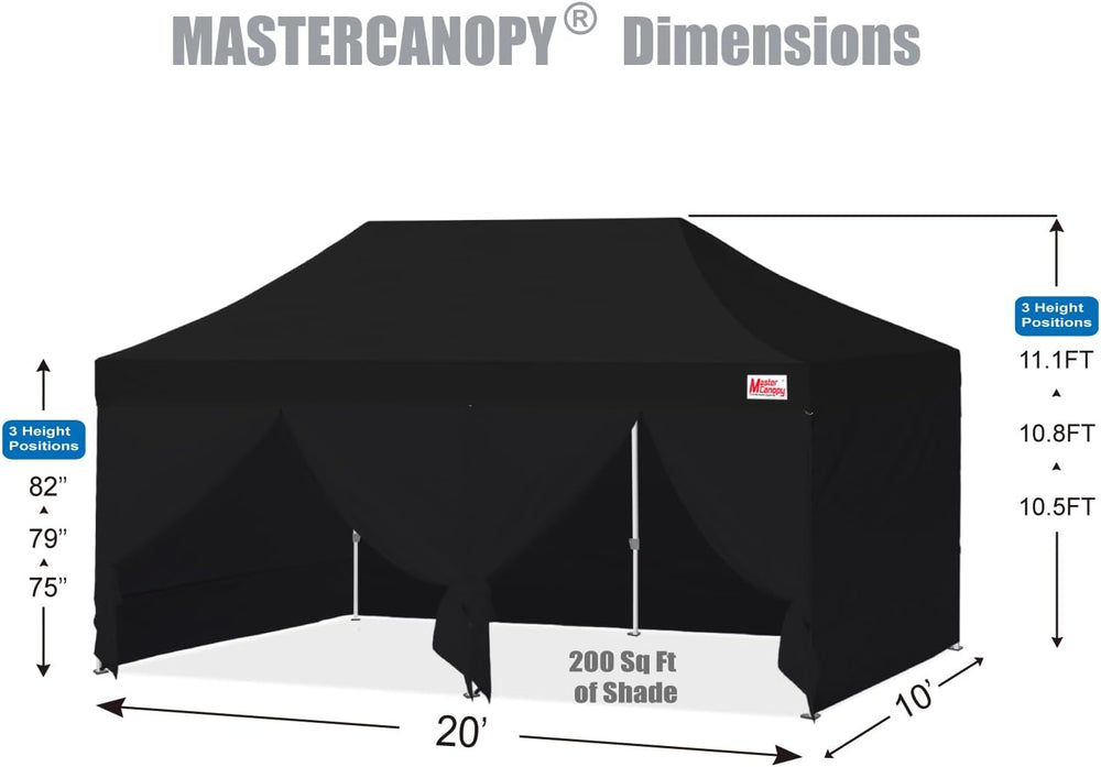 MASTERCANOPY 10x20 Heavy Duty Pop Up Canopy Tent with 4 Sidewalls, Black