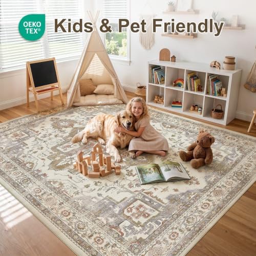 Vintage Washable 9x12 Area Rug for Living Room, Golden Taupe