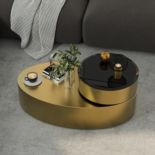 Oval Rotating Coffee Table with Tempered Glass Top, 2-Tier Design & 360° ...