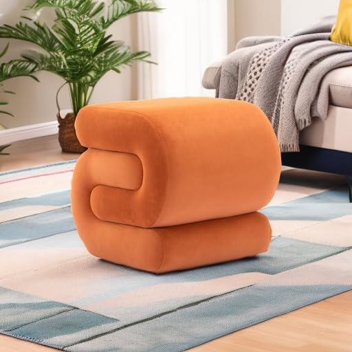 FOXHUNTER S Shape Modern Pouf Ottoman Vanity Stool, Velvet Orange