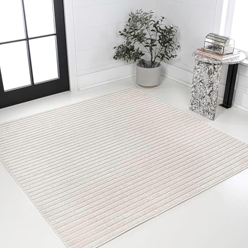 JONATHAN Y Aarhus High-Low Striped Ivory/Cream 7x7 Square Indoor/Outdoor Area...