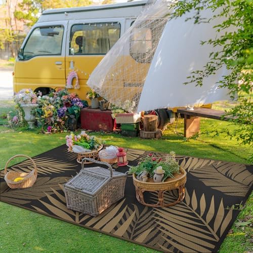 GENIMO Outdoor Rug, Waterproof Plastic Rugs for Patio, 5'x8' Black Brown