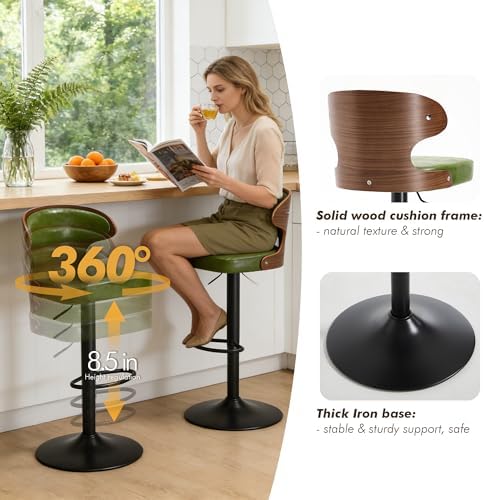 Bar Stools Set of 2, 360° Swivel Barstools with Solid Wood Back and Footrest,...