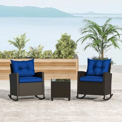 RELAX4LIFE 3-Piece Rocking Bistro Set - Rattan Wicker Rocking Chairs Set of 2...