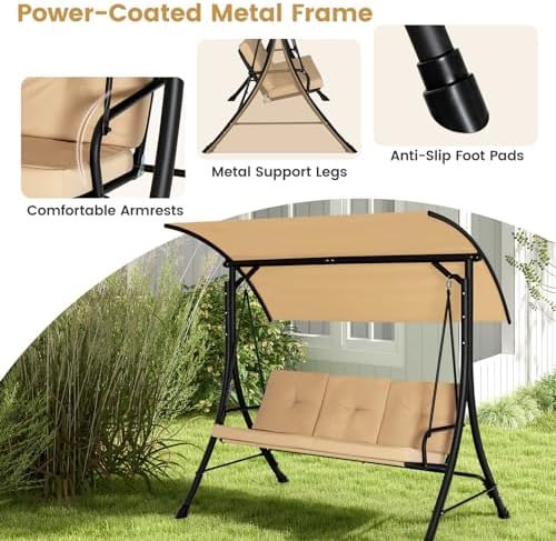 HAPPYGRILL 3-Seat Outdoor Porch Swing with Adjustable Canopy, Armrests, Metal...