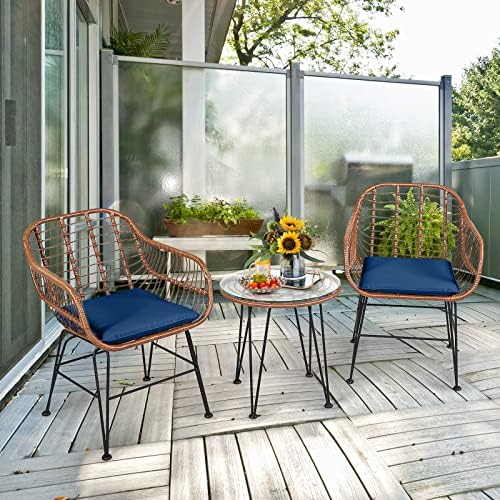 Tangkula 3 Pieces Patio Conversation Bistro Set, Outdoor Wicker Furniture w/R...