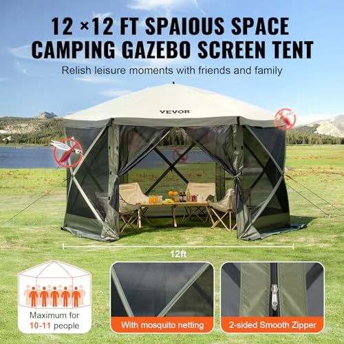 VEVOR 12x12ft Pop Up Gazebo Tent with Mosquito Netting, 6 Removable Wind Pane...
