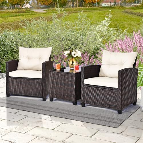 ORALNER 3 Pieces Patio Furniture Set, Outdoor Wicker Bistro Set (White)