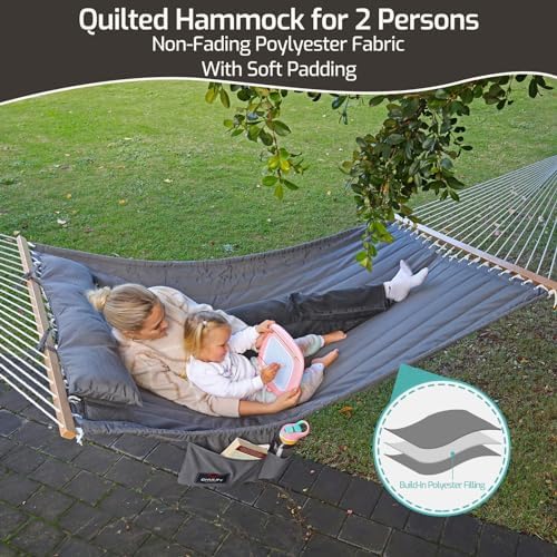 CHULIM Double Quilted Fabric Hammock with Hardwood Spreader Bars and Pillow 4...