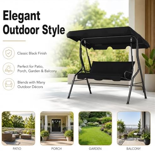 Garvee 3 Seat Outdoor Porch Swing with Adjustable Canopy, Patio Swing Chair w...