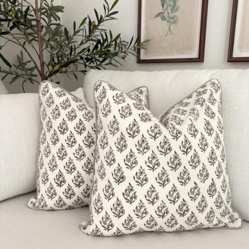 Set of 2 Pillow Covers 20x20 inches Floral Pillow Covers Green Farmhouse Pill...