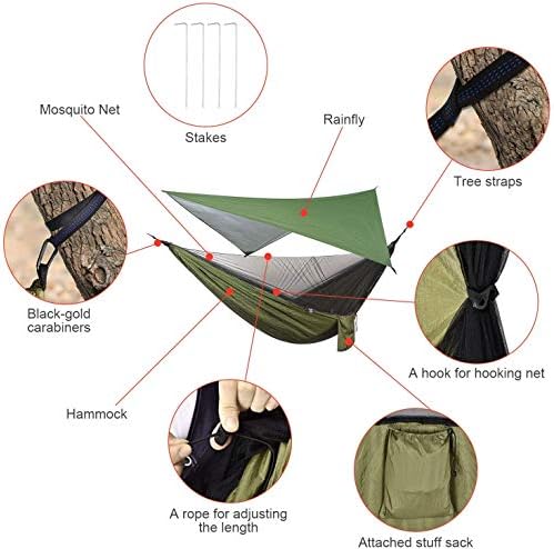 Camping Hammock with Rain Fly Tarp and Mosquito Net Tent Tree Straps, Portabl...