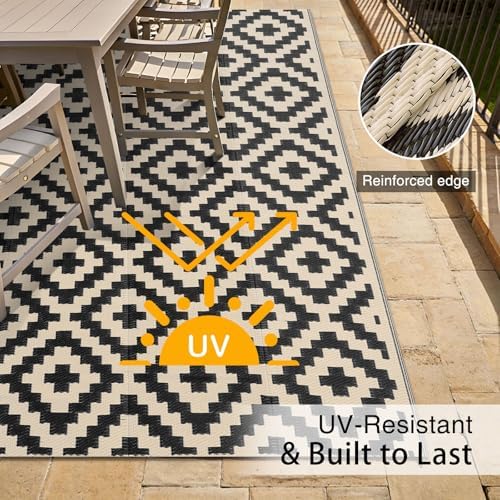 OLANLY Outdoor Rug 5x8 ft Waterproof Reversible Mat, Black & Beige