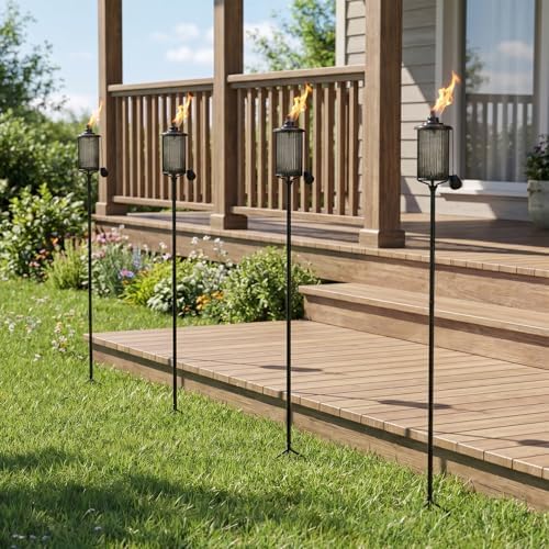4 Pack Glass Citronella Torches, 16 oz Garden Torches for Outside with 3-Pron...