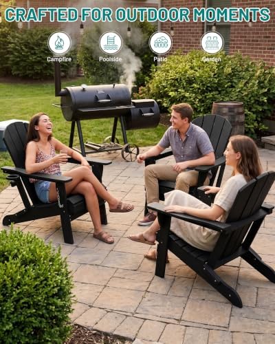 PLUUV Adirondack Chair Set of 2, Fire Pit Chairs with Cup Holder, Black