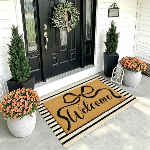2 Pcs Coir Bow Welcome Mat Outdoor Stripe Layering Rug for Outside Entrance