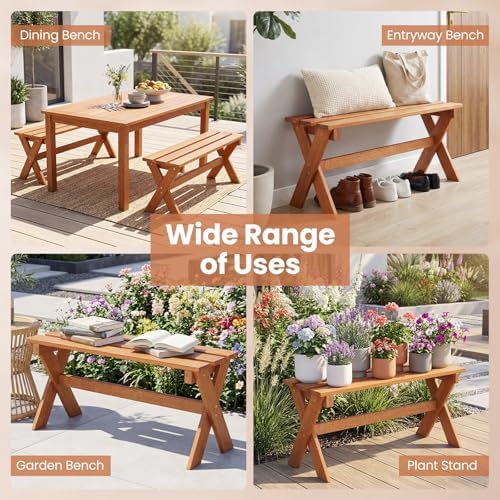 Tangkula Outdoor Wood Bench Backless, Patio Dining Bench with Teak Oil Finish...