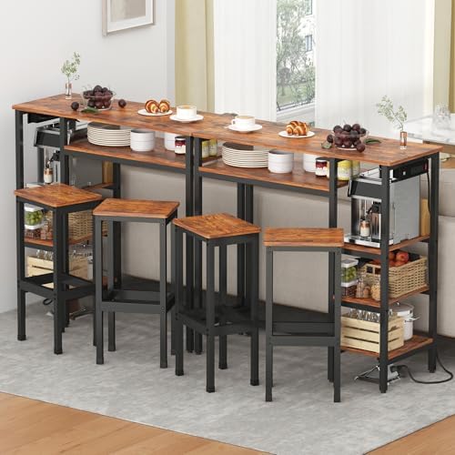 3-Piece Bar Table and Chairs Set,Counter Height Bar Table Set with Power Outl...