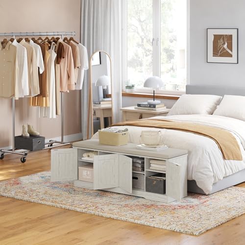 DINZI LVJ Shoe Storage Bench with Cushion, Door, Rustic White 47.2"LX17....