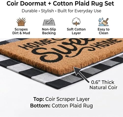 Home Sweet Home Doormat Set, 2-Piece Layered Front Porch Mat Combo, Natural C...