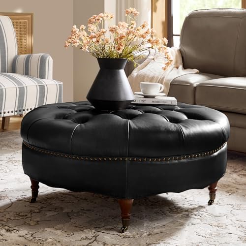 HULALA HOME 40" Genuine Leather Coffee Table with Rolling Wheels, Black