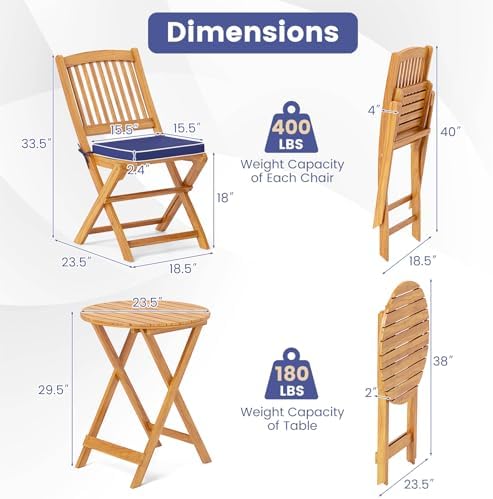GIANTEX Patio Bistro Set 3 Pieces, Outdoor Acacia Wood Folding Table & Ch...