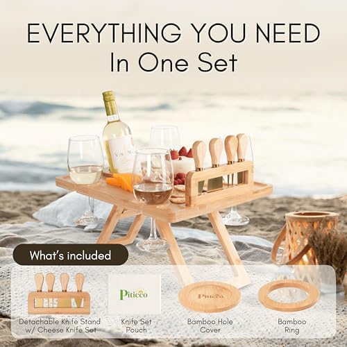 Charcuterie Picnic Table with Wine Glass Holder, Portable Wine & Cheese B...
