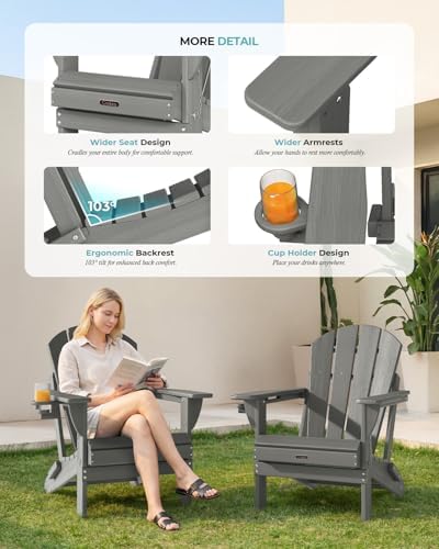 Ciokea Folding Adirondack Chairs Set of 2 with Cup Holder, HDPE, Grey
