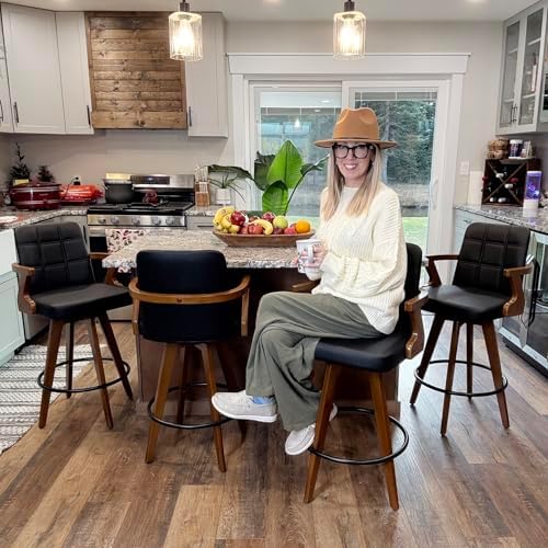 Swivel Counter Stools Set of 3 with Walnut Finish, Mid-Century Modern 26.7 In...