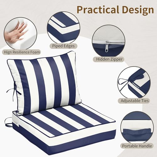 22x24 Outdoor Chair Cushions Set of 2, Waterproof Deep Seat Cushions for Pati...