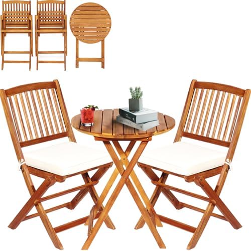 S AFSTAR Bistro Table and Chairs Set of 2, Acacia Wood Folding Bistro Set for...