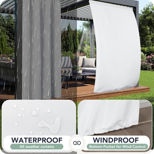 White Outdoor Curtains for Patio Waterproof, 8 Panels, Rod Pocket