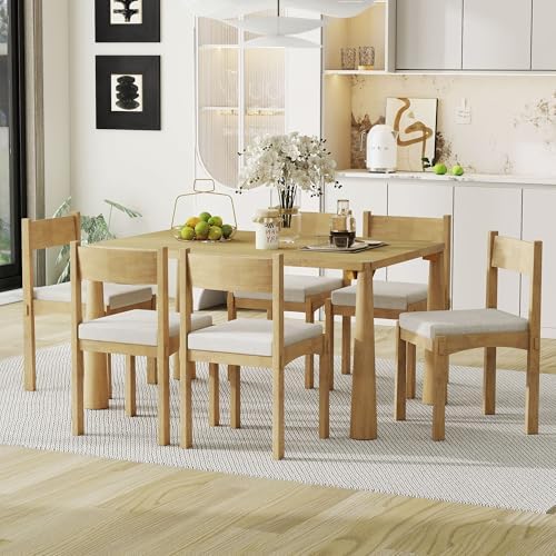 7-Piece Retro Wood Dining Table Set for 6, Kitchen Table Set with Upholstered...