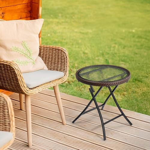 VINGLI 19in Modern Brown Rattan Folding Glass Outdoor Side Table, Small Patio...