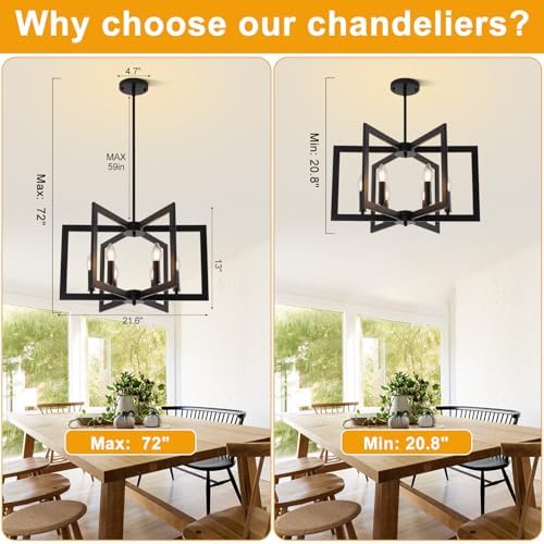 22" Black Chandelier for Dining Room, 6-Light Geometric Farmhouse Dining...