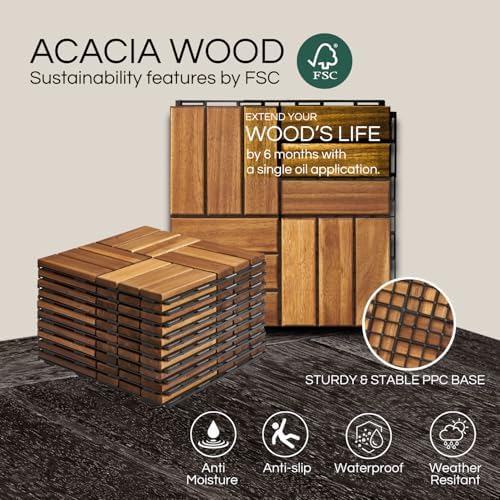 THYOI Premium Deck Tiles, 10 Pcs Patio Flooring - Golden Teak - Crossed