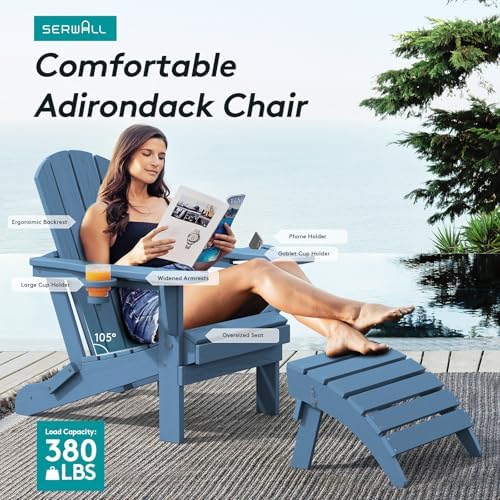 SERWALL Outdoor Adirondack Chair Set of 2 with 2 Cup Holders,Foldable,Blue
