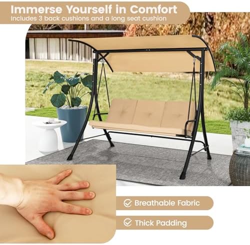 HAPPYGRILL 3-Seat Outdoor Porch Swing with Adjustable Canopy, Armrests, Metal...