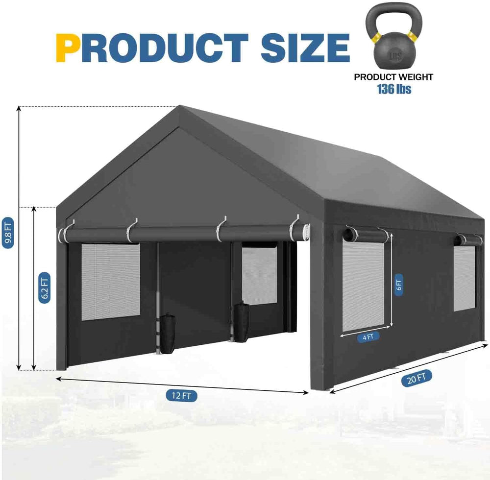 JAMFLY 12x20 ft Heavy Duty Portable Carport Garage, Grey