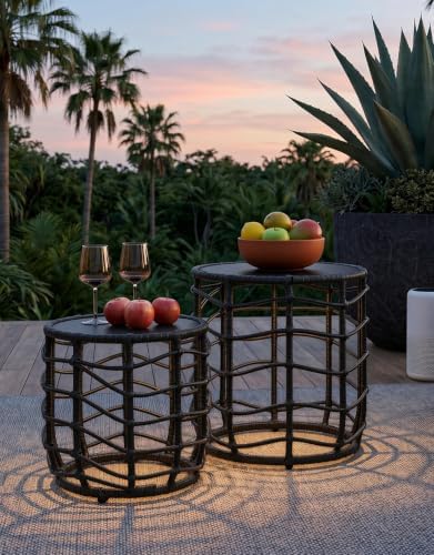 PARTPHONER Boho Solar Outdoor Side Table with Built-in Lights Set of 2, All-W...
