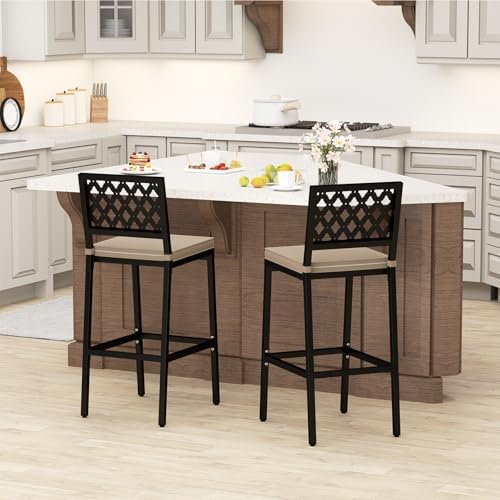 COSTWAY Outdoor Bar Chairs Set of 2 with Heavy-Duty Metal Frame and Cushion