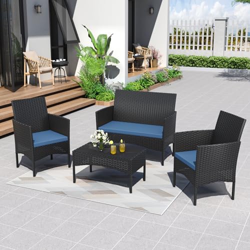 ALAULM 4 Pieces Patio Furnitrue Set Outdoor Patio Conversation Set Wicker Cha...