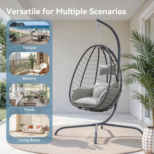 ALAULM Foldable Egg Chair with Stand, 485LBS Capacity Wicker Rattan Hammock S...