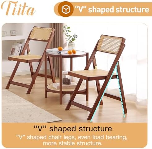 Tiita Rattan Folding Dining Chairs Set of 2, Bamboo Frame, Walnut