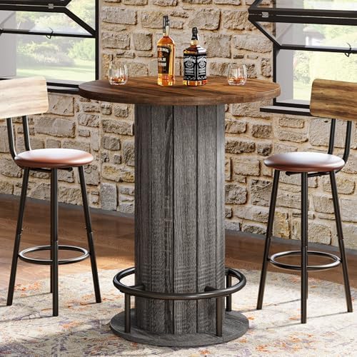 Tribesigns Round Bar Table, 39.4" H Wood Bistro Pub Table with Metal Rin...